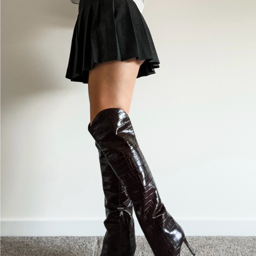 SCHUTZ Croc-Embossed Over-the-Knee Boots in Dark Brown